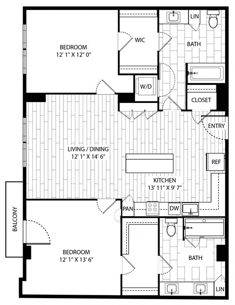 Floor plan for 2 beds, 2 baths, 1126 sqft